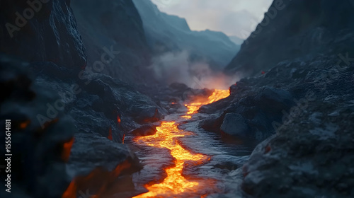 A fiery river of lava flows through a dark, rocky canyon. The intense orange glow contrasts with the cool blues and grays of the surrounding landscape, creating a dramatic scene.