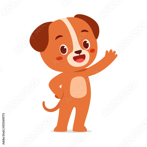 Smiling Cartoon Dog Waving Hand, Happy Cute Pet Illustration with Brown and White Fur, Vector