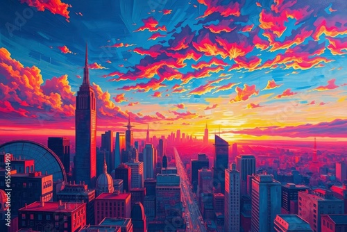 Sunset cityscape towers bright clouds skyline