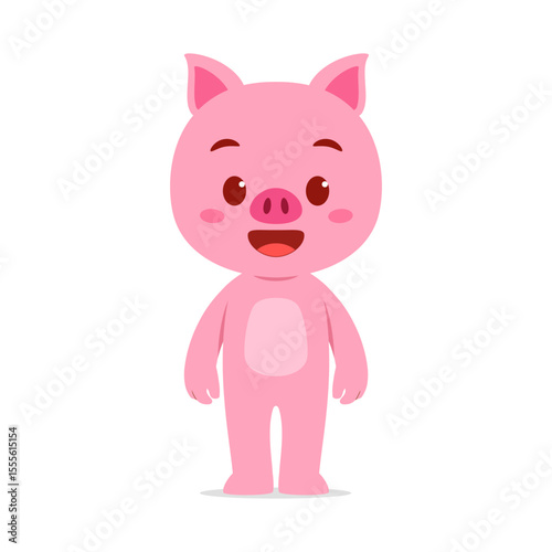 Cute pink cartoon pig standing with a smile on a white background illustration