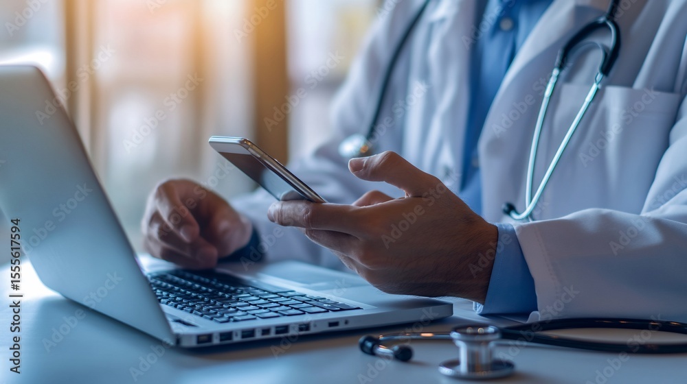 Obraz premium Doctor using laptop and phone