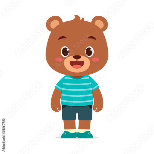 Adorable Brown Bear Cub Standing Wearing Striped Shirt and Shorts Happy Smiling