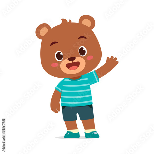 Adorable Cartoon Brown Bear Cub Waving Hand Standing Upright with a Happy Expression
