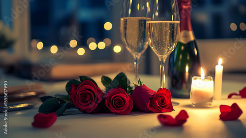 Romantic dinner setting with two champagne flutes, red roses, and candles creating a warm, intimate ambiance.