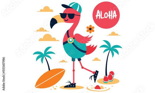 Cool cartoon flamingo wearing sunglasses and a cap is walking on the beach with a surfboard and flip flops with palm trees and clouds in the background and the word aloha