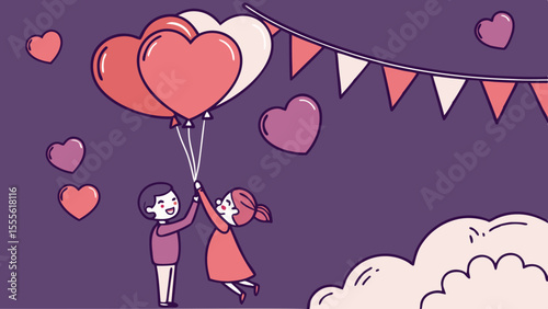 A Valentine’s Day , 14 February pink  shiny hearts and balloons, used for love banners and greeting designs in purple background vector illustration.