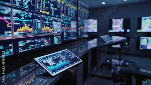 Financial analyst examining real time stock market data on wall monitors using tablet in high tech control room, analyzing market trends and investment strategies