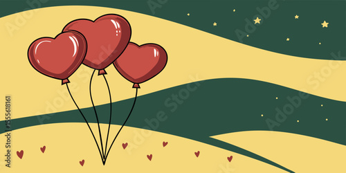 A Valentine’s Day , 14 February red shiny hearts and balloons, used for love banners and greeting designs in yellow green background vector illustration.