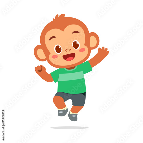 Happy monkey jumping with green shirt, black short and shoes with white background illustration