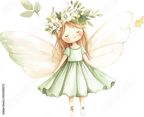 Adorable Watercolor Fairy Girl with Flower Crown and Wings
