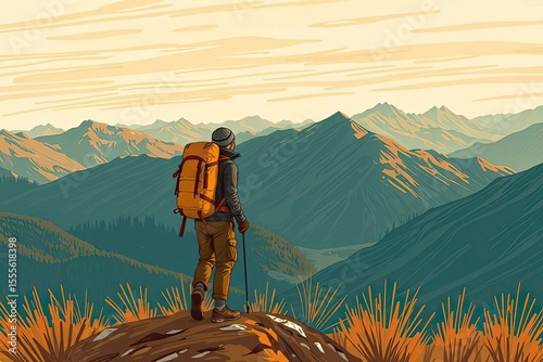 A hiker stands atop a peak gazing at a vast mountain range