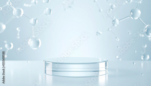 Empty space for exhibition with transparent glass circular cylinder pedestal on molecules and bubbles Background.