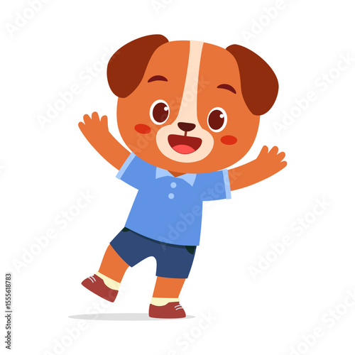 Happy Cartoon Dog Waving its Hands and Standing on Two Legs in Illustration Style