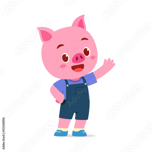 Cute Piglet Waving Hello and Wearing Overalls with Cheerful Expression in Cartoon Style