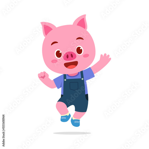 Happy cartoon pig jumping and waving isolated on white background illustration