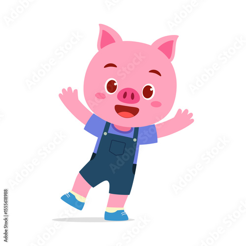 Cute Cartoon Pink Pig in Blue Overalls Smiling and Waving its Arms on White Background