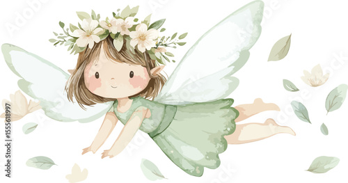 Adorable Watercolor Fairy Girl Flying with Flower Crown