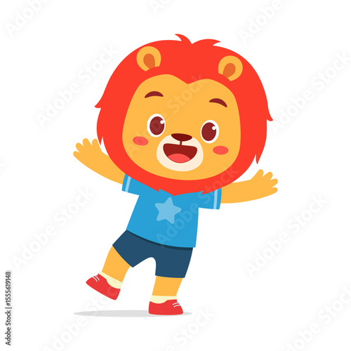 Cute Cartoon Lion Cub Wearing Blue Shirt Waving with Happy Expression on Isolated White