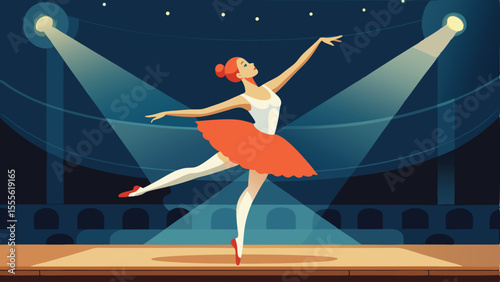 Ballerina performing on stage under bright spotlights shining down landscape illustration