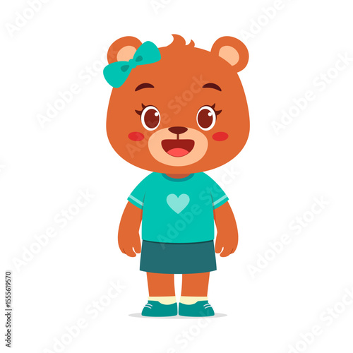 Cute Brown Bear Girl Standing and Smiling with Bow, Shirt, and Skirt in Cartoon Illustration Style