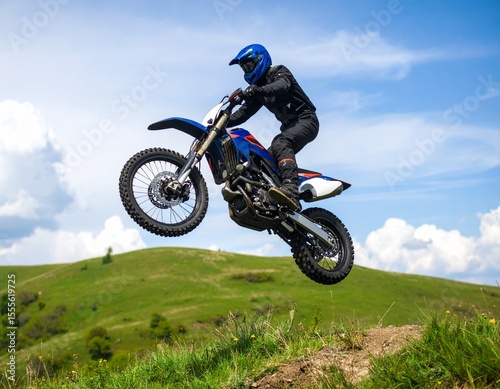 motocross rider jumping with a hill in the background