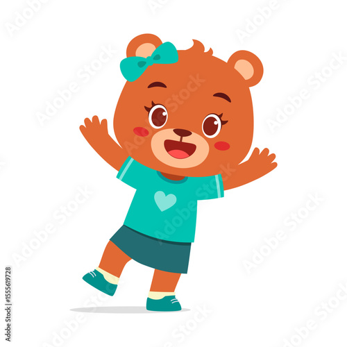 Cartoon bear girl waving hands wearing skirt and shirt with bow in the head smiling cheerfully