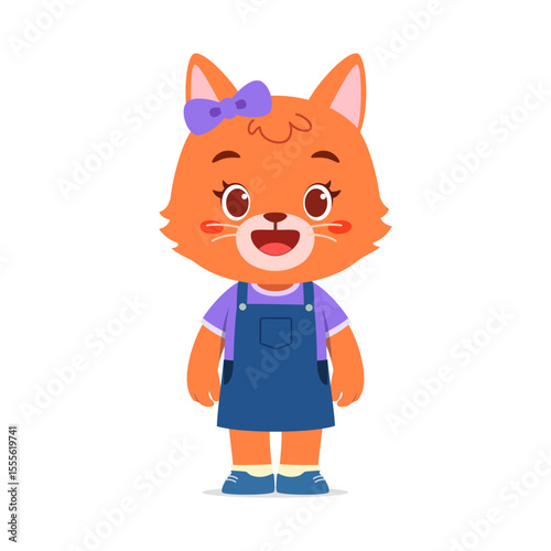 Cute Cartoon Orange Fox Wearing Dress and Bow Tie Standing with Happy Expression