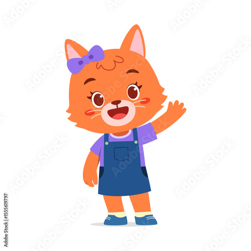 Cute Orange Cartoon Cat Girl Waving Hand, Wearing Blue Dress and Bow, Isolated on White Background