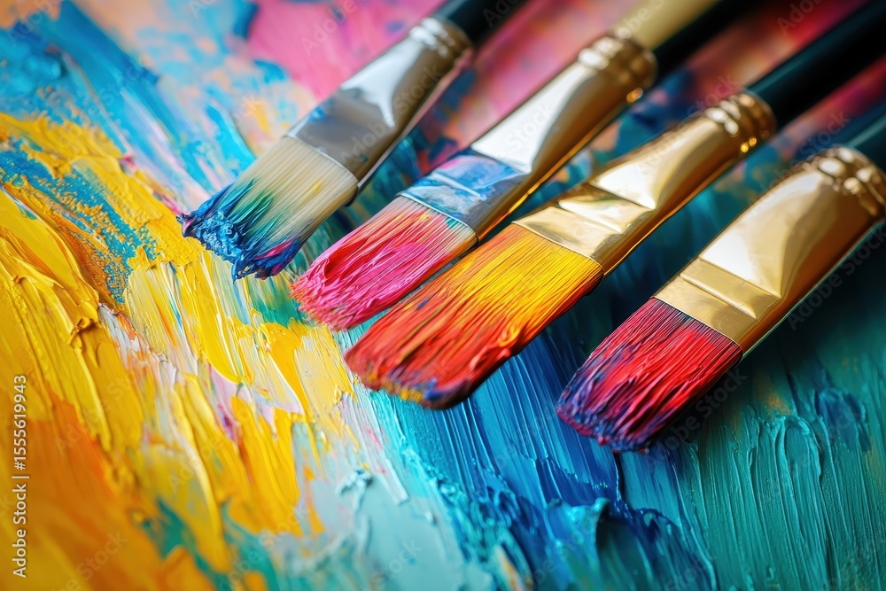 Fototapeta premium Vibrant paintbrushes creating colorful streaks across the canvas at an artist's studio during a bright afternoon
