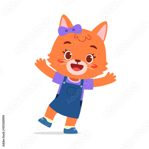 Cute Orange Cartoon Cat Character Smiling and Waving with Happy Expression in Dress