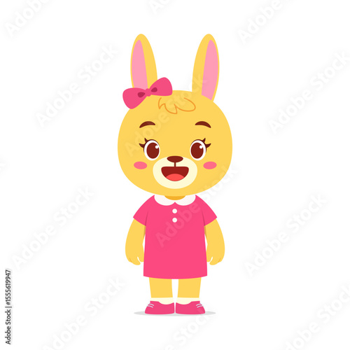 Cute Yellow Rabbit Girl in Pink Dress Standing Upright and Smiling Cartoon Illustration