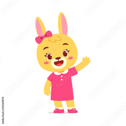 Cute Rabbit Character in Pink Dress Waving Hand with Happy Expression Illustration Art