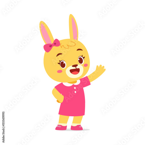 Cute Cartoon Rabbit Girl Character Waving Hand with Pink Dress, Bowknot on Head with Happy Expression