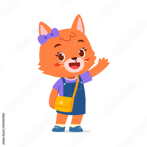 Cute Cartoon Orange Fox Girl Waving Hand and Smiling in Blue Dress Illustration
