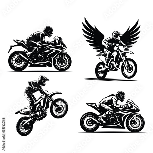 Four stylish monochrome illustrations showcase motorcyclists in dynamic poses, embodying speed, skill, and adventure.