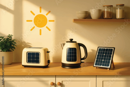 Vector illustration of kitchen appliances powered by solar panels, including kettle and toaster, representing renewable energy in everyday use.