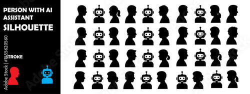 Person with AI Assistant Silhouette Vector Set – Human Interaction with Artificial Intelligence and Virtual Support Bot Icons