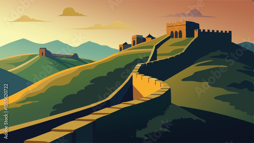 The great wall winding through green hills under a warm sky landscape illustration