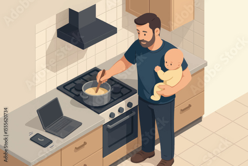3D vector illustration of a father holding a baby while cooking in a modern kitchen, multitasking in a home environment with warm tones.
