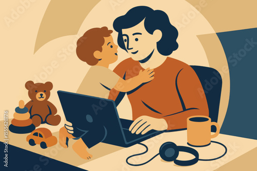 A mother works on her laptop while her toddler lovingly reaches toward her, with toys and coffee nearby on the table.