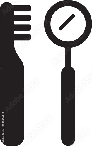 Silhouette vector of toothbrush and dental mirror for oral hygiene check. Perfect for dental care designs.