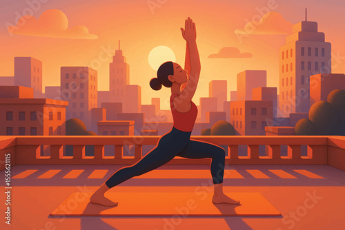 A woman practices yoga on a rooftop at sunset, surrounded by warm city lights and tall buildings in the orange glow.