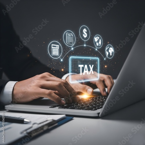 Busines using a computer to complete Individual income tax return form online for tax payment. Government, state taxes. Data analysis, paperwork, financial research, report. Calculation tax return.
