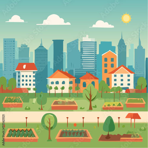 vector scene of a community garden in an urban setting