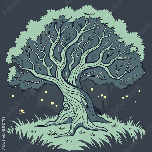 An enchanted tree with twisted branches, glowing fireflies surrounding it., illustration of a tree vector tree