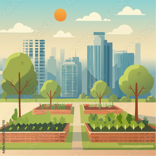 vector scene of a community garden in an urban setting
