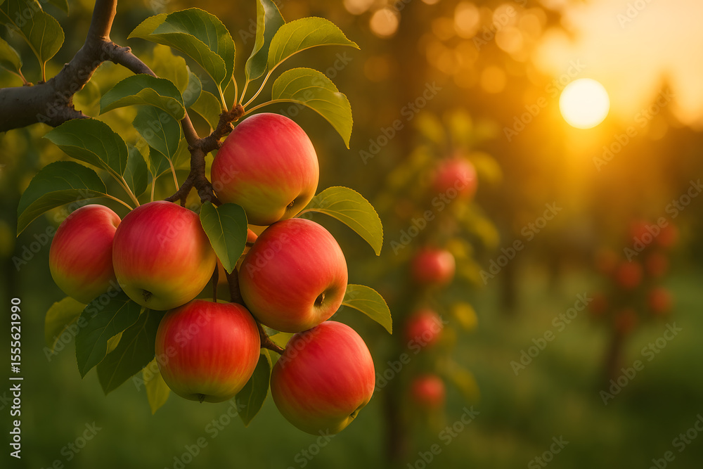 Obraz premium Ripe Red Apples Hanging from a Tree Branch at Sunset in a Serene Orchard Setting