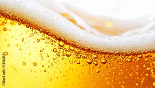 躍動感流動感ある泡がはじける黄金色ビールの断面マクロ撮影 – Macro Shot of Golden Beer with Bursting Bubbles in Cross-Section View