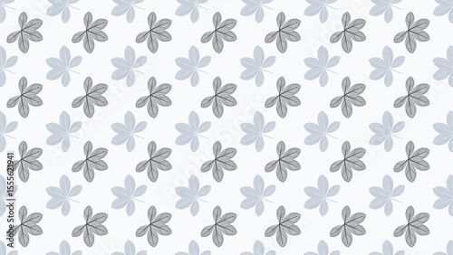A repeated pattern of gray and light blue five leaf plants on a white background in a seamless design