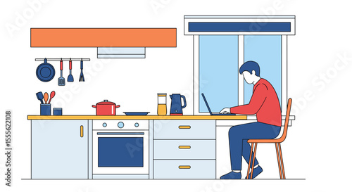 Man working on laptop at kitchen counter with pots and pans in the background